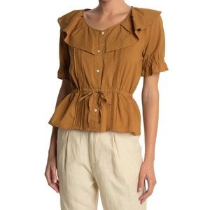 Alex Mill Camel Lace Trim Ruffle Neck Top Size XS